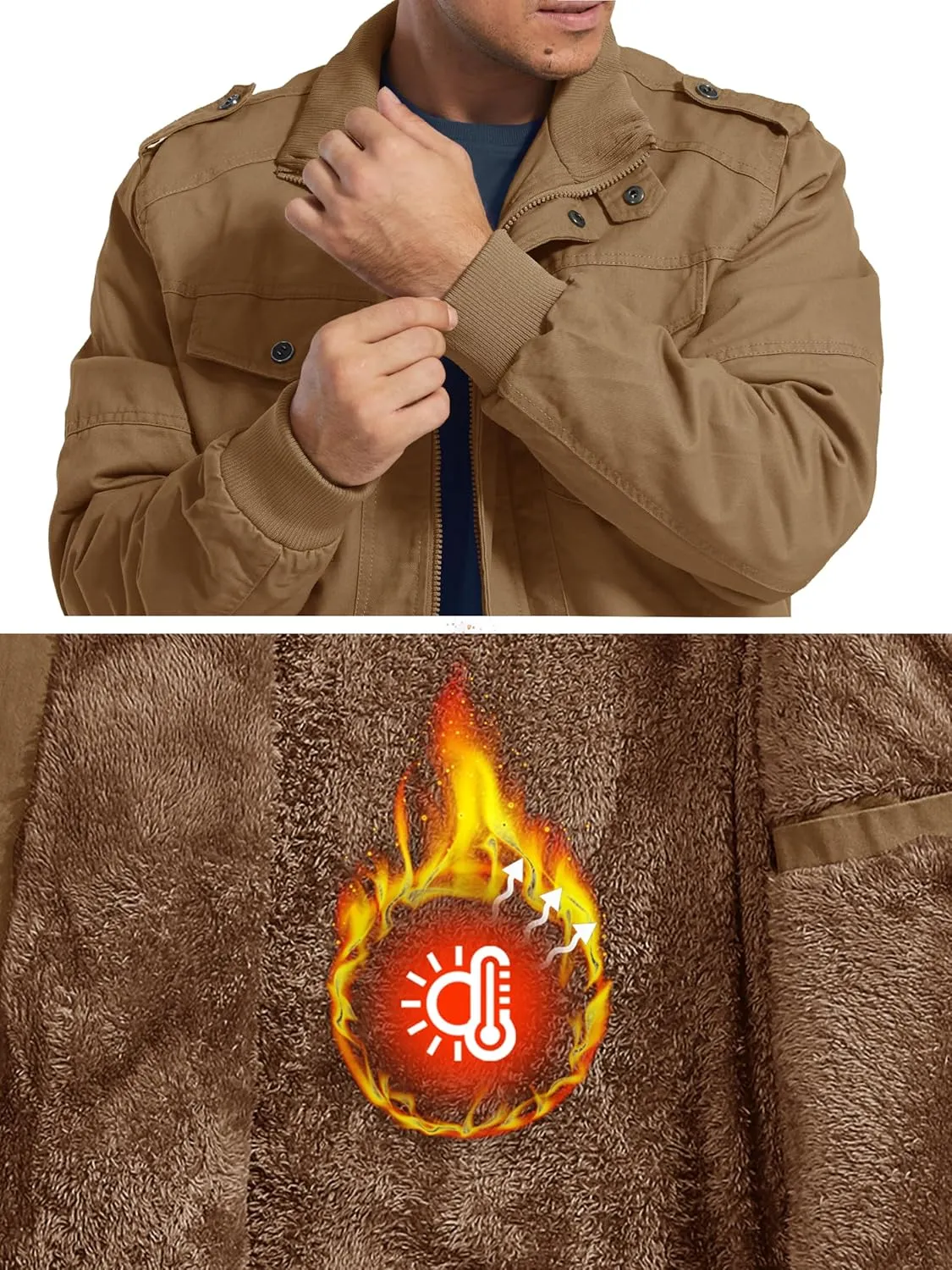 MAGCOMSEN Mens Winter Jacket Fleece Lined Work Jackets Waxed Canvas Shirt Jackets Warm Sherpa Trucker Military Jacket