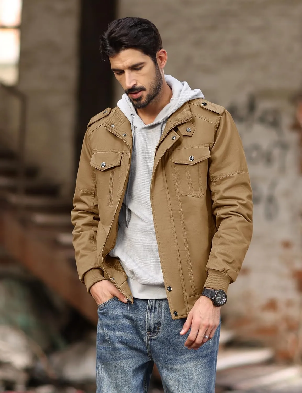 MAGCOMSEN Mens Winter Jacket Fleece Lined Work Jackets Waxed Canvas Shirt Jackets Warm Sherpa Trucker Military Jacket