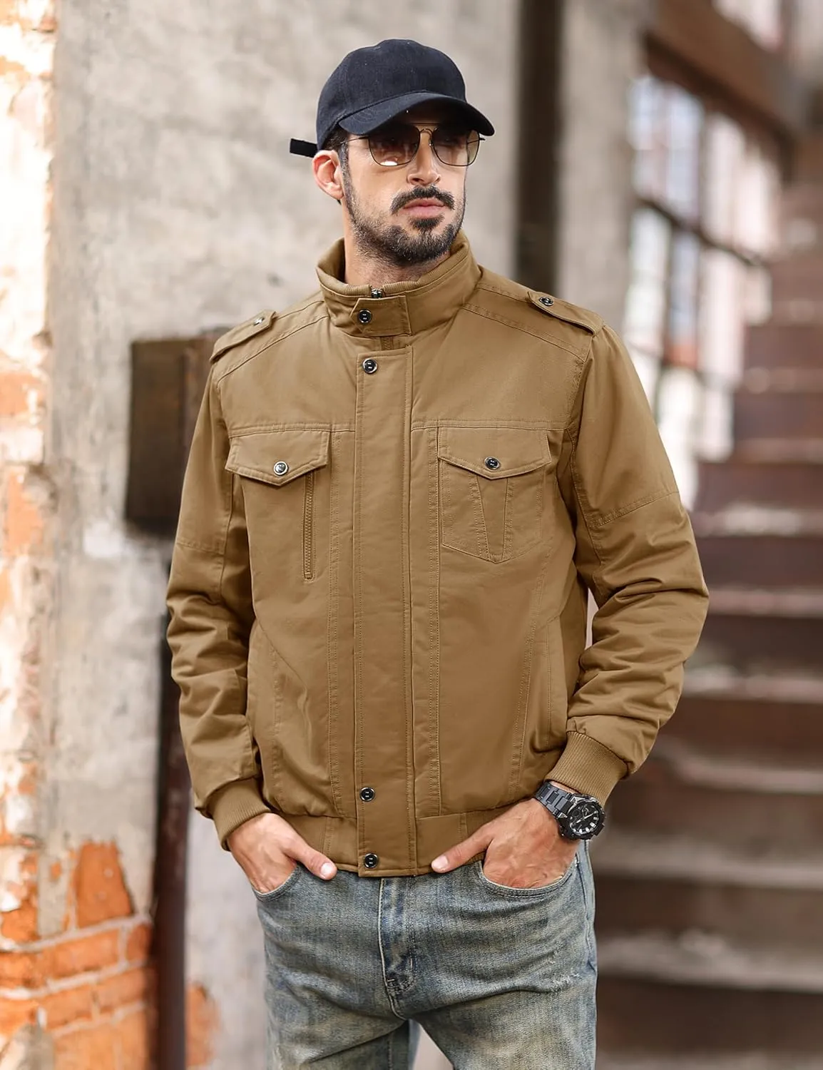 MAGCOMSEN Mens Winter Jacket Fleece Lined Work Jackets Waxed Canvas Shirt Jackets Warm Sherpa Trucker Military Jacket