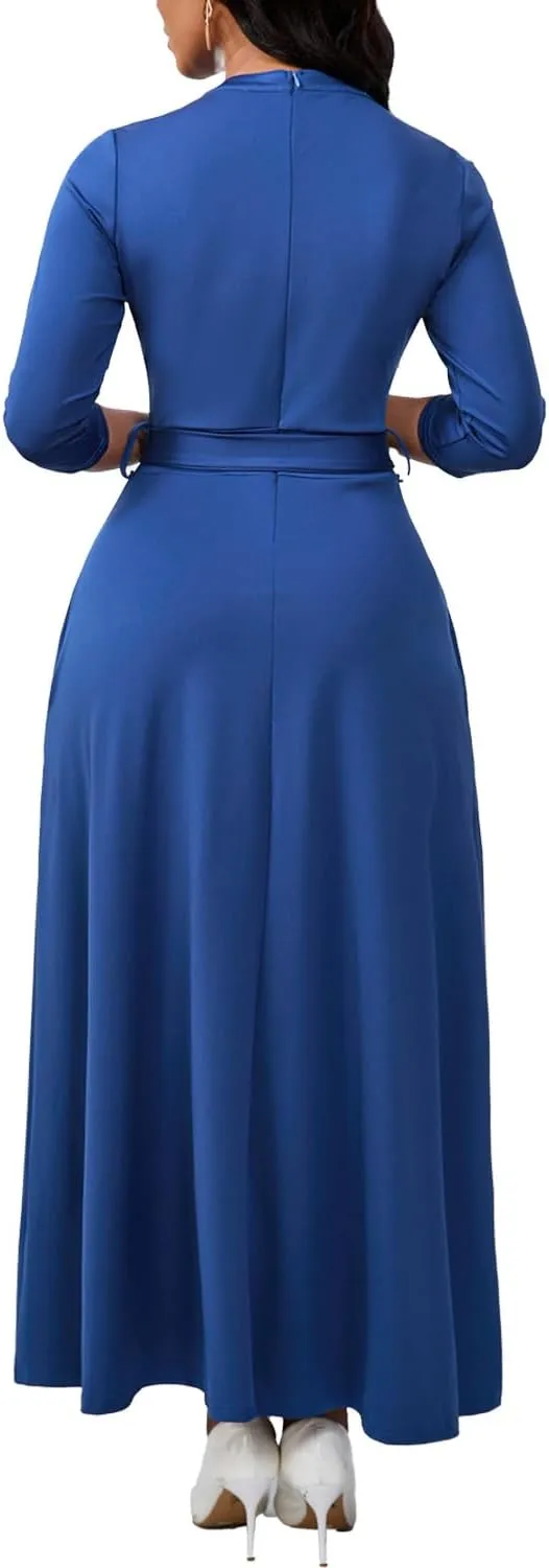 Maxi Dresses for Women Semi Formal Long Dress 3/4 Sleeve Casual A-line Church Dresses with Pockets