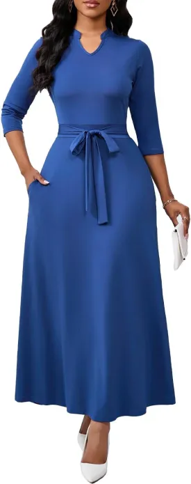 Maxi Dresses for Women Semi Formal Long Dress 3/4 Sleeve Casual A-line Church Dresses with Pockets
