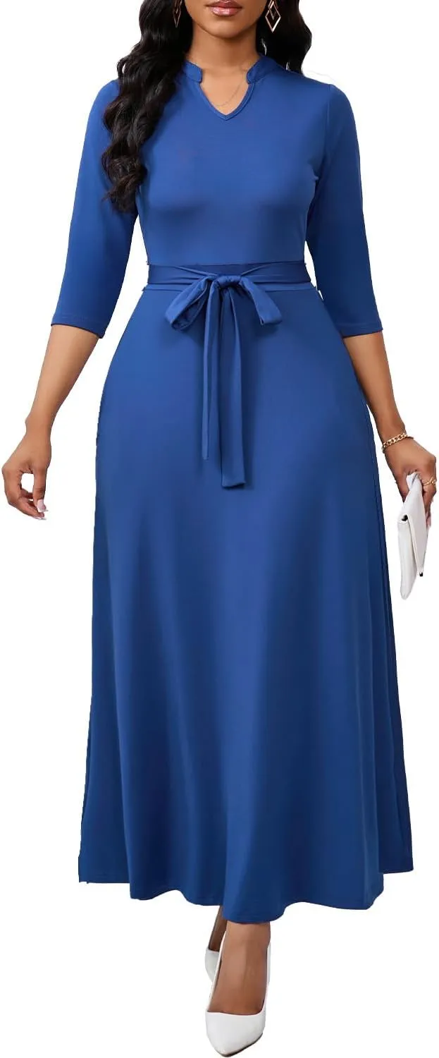 Maxi Dresses for Women Semi Formal Long Dress 3/4 Sleeve Casual A-line Church Dresses with Pockets