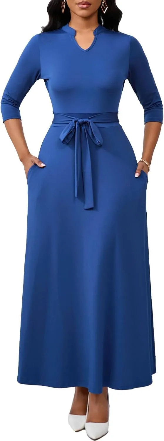 Maxi Dresses for Women Semi Formal Long Dress 3/4 Sleeve Casual A-line Church Dresses with Pockets