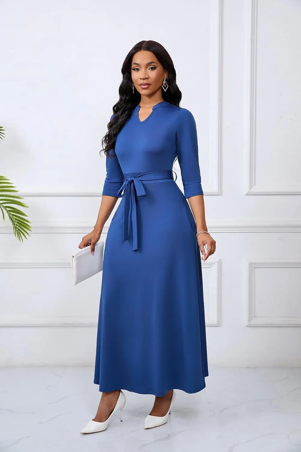 Maxi Dresses for Women Semi Formal Long Dress 3/4 Sleeve Casual A-line Church Dresses with Pockets