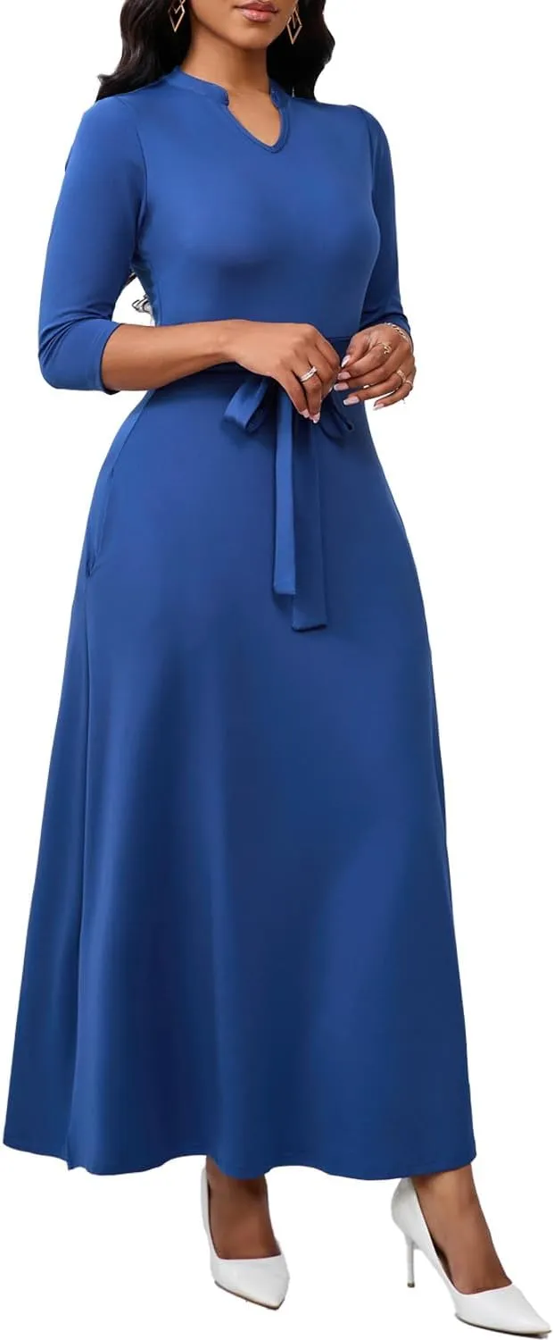 Maxi Dresses for Women Semi Formal Long Dress 3/4 Sleeve Casual A-line Church Dresses with Pockets