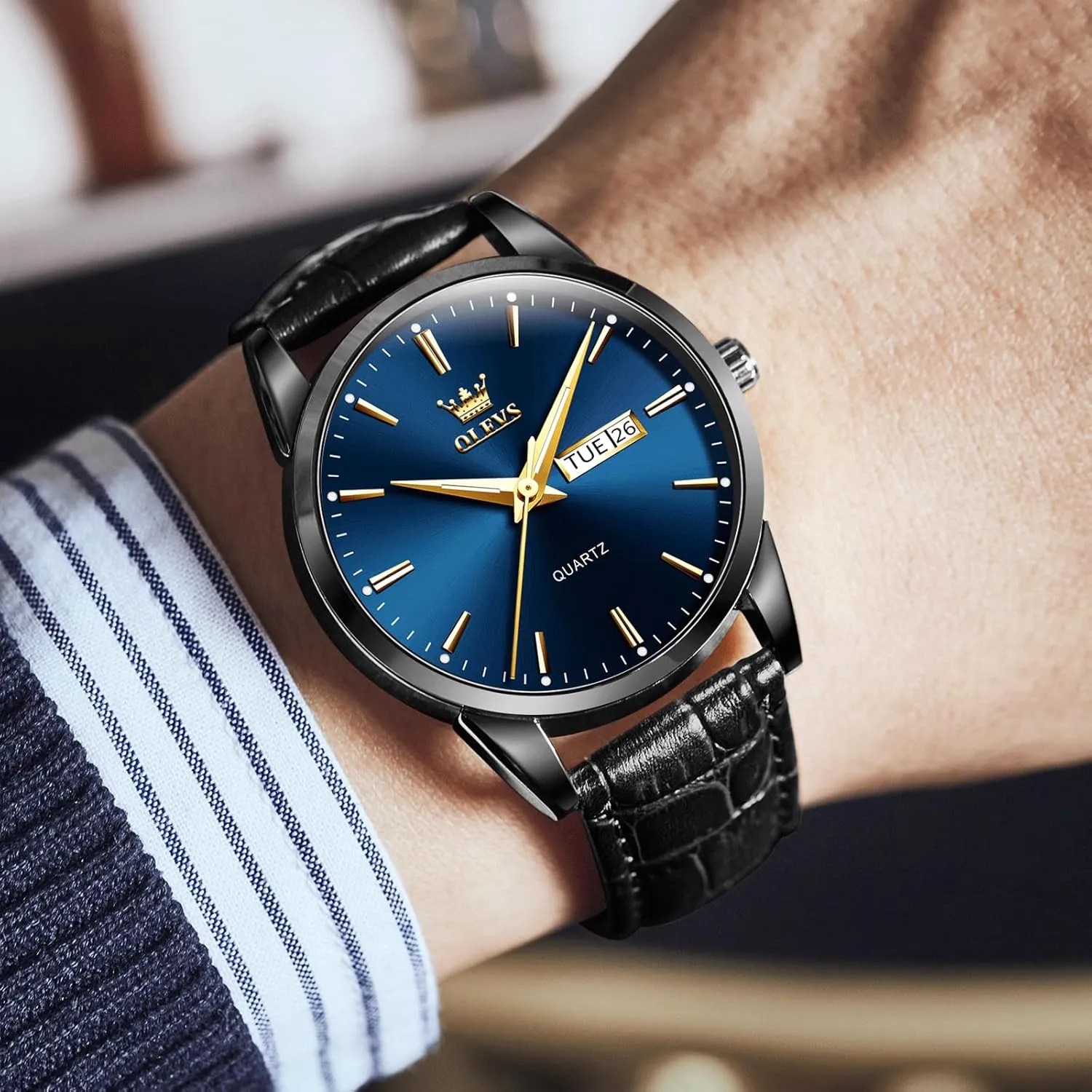 Men's Casual Leather Watch, Easy to Read Three-Hand Analog Stainless Steel Watches for Men, Minimalist Day Date Waterproof Luminous Mens Quartz Wristwatch