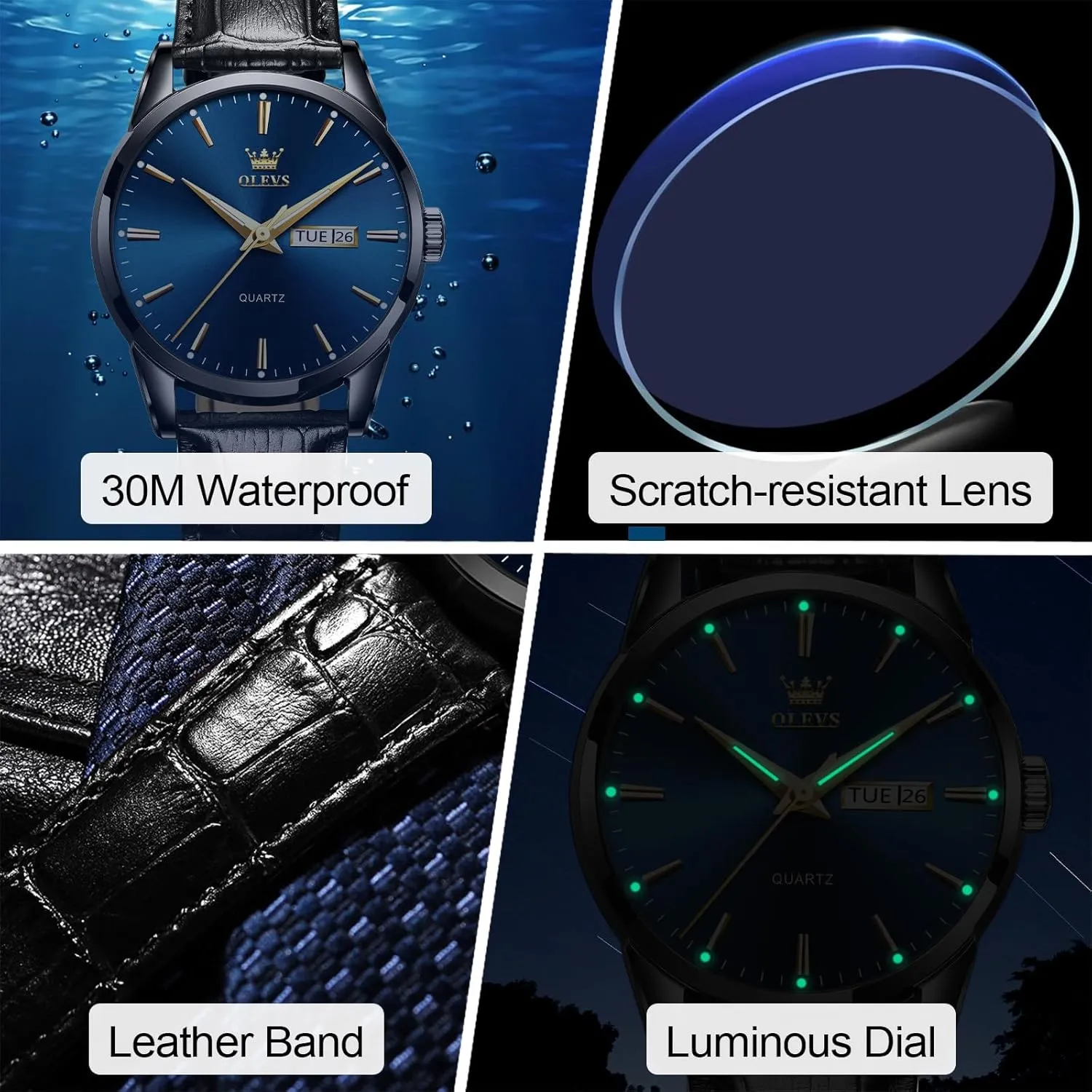 Men's Casual Leather Watch, Easy to Read Three-Hand Analog Stainless Steel Watches for Men, Minimalist Day Date Waterproof Luminous Mens Quartz Wristwatch