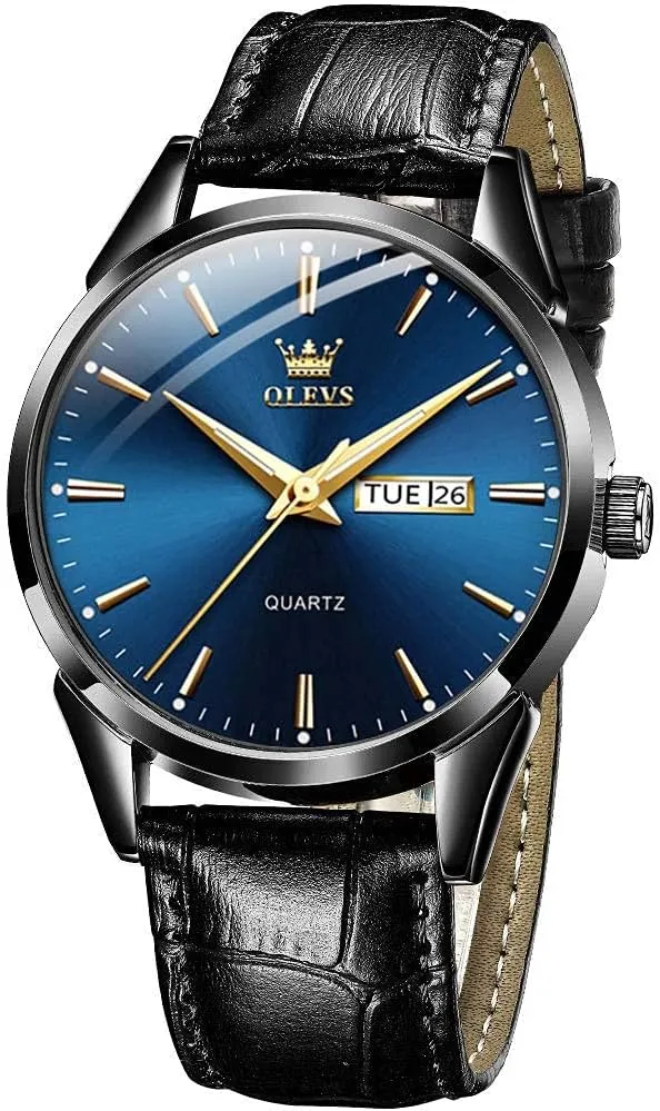 Men's Casual Leather Watch, Easy to Read Three-Hand Analog Stainless Steel Watches for Men, Minimalist Day Date Waterproof Luminous Mens Quartz Wristwatch