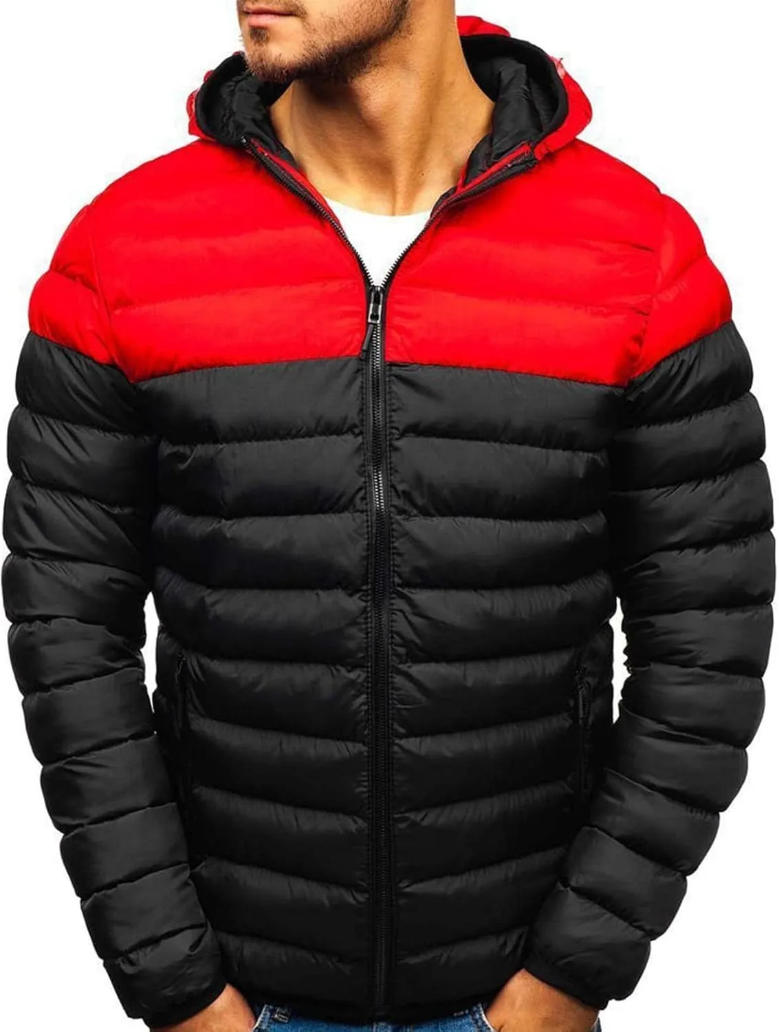 Mens Color Block Puffer Jacket Lightweight Packable Down Coat Zip up Quilted Jacket Padded Insulated Coat Winter Coats