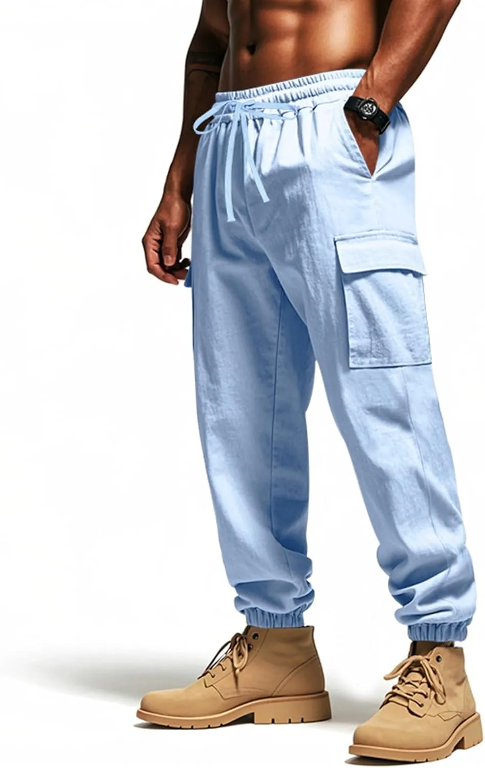 Men's Linen Cargo Pants with Drawstring & Elastic Waist - Casual Beach Summer Pants - Lightweight Work Trousers