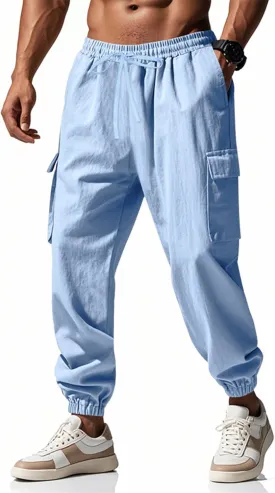 Men's Linen Cargo Pants with Drawstring & Elastic Waist - Casual Beach Summer Pants - Lightweight Work Trousers