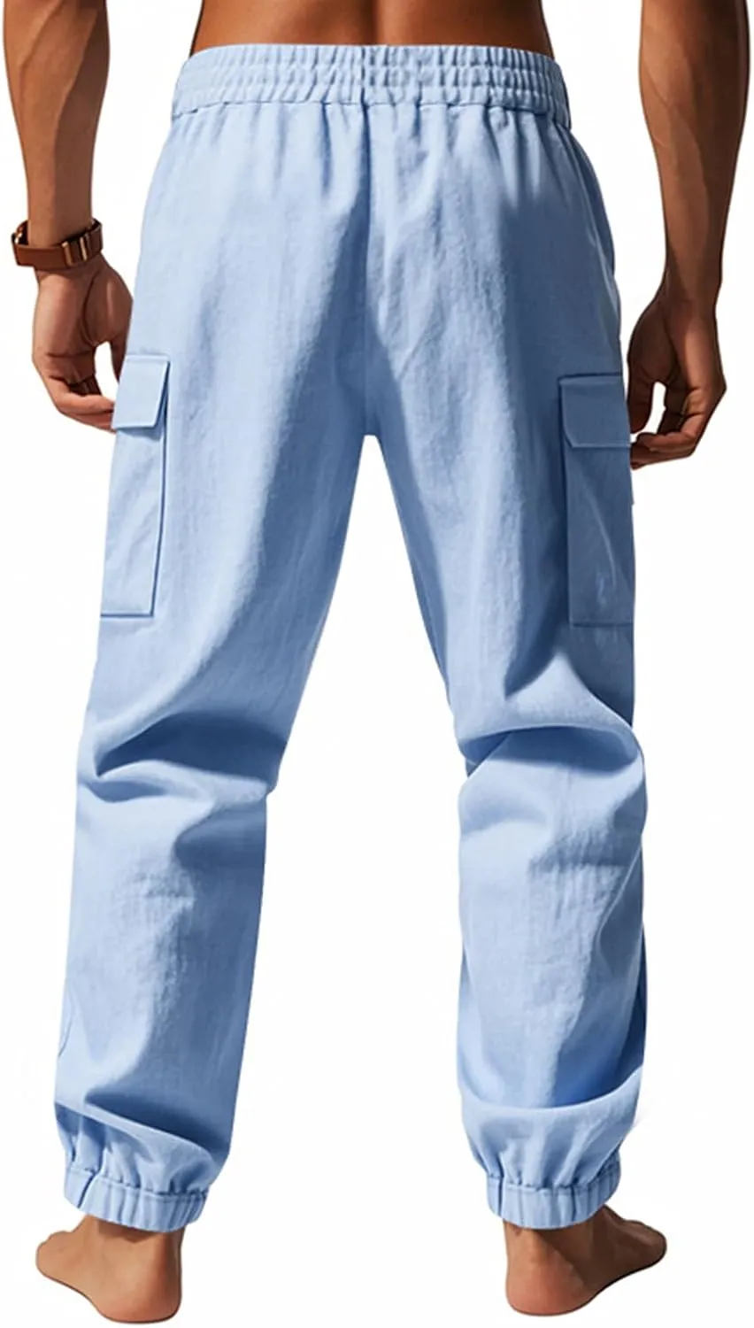 Men's Linen Cargo Pants with Drawstring & Elastic Waist - Casual Beach Summer Pants - Lightweight Work Trousers