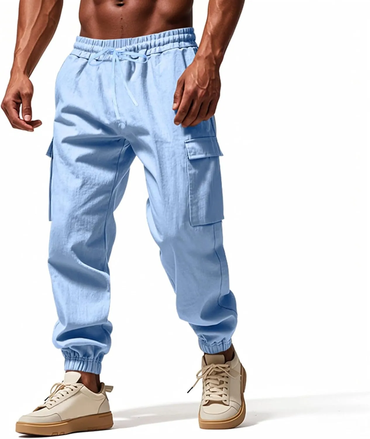 Men's Linen Cargo Pants with Drawstring & Elastic Waist - Casual Beach Summer Pants - Lightweight Work Trousers