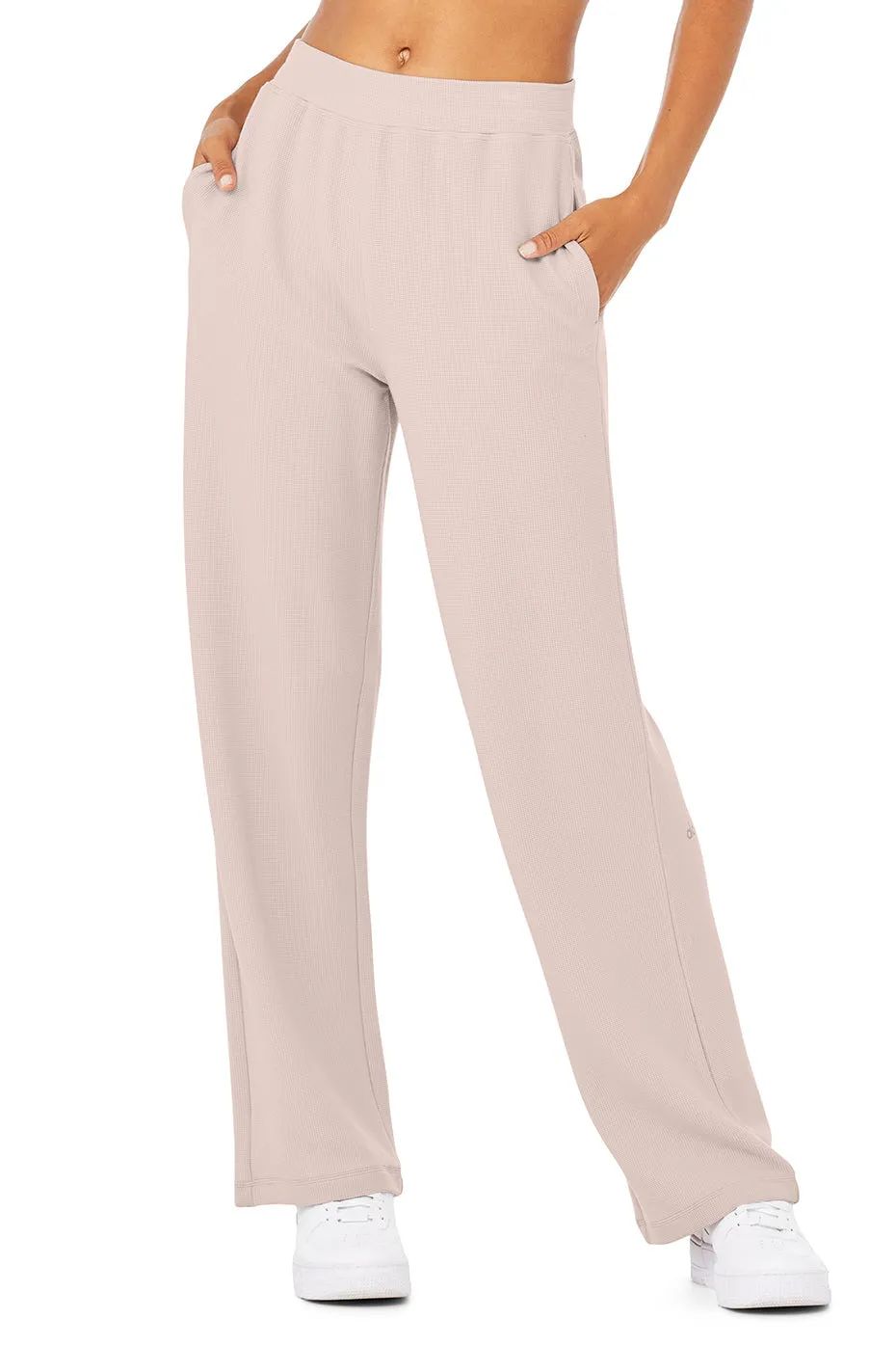 Micro Waffle High-Waist Pleasant Wide Leg Pant - Dusty Pink