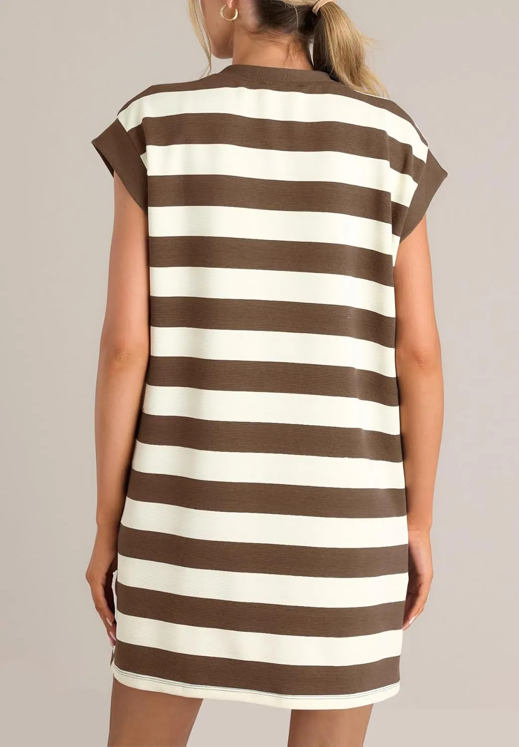 MITILLY Womens Striped Casual Summer Dresses Crewneck Cap Sleeve Color Block Shift Tshirt Short Dress with Pockets New