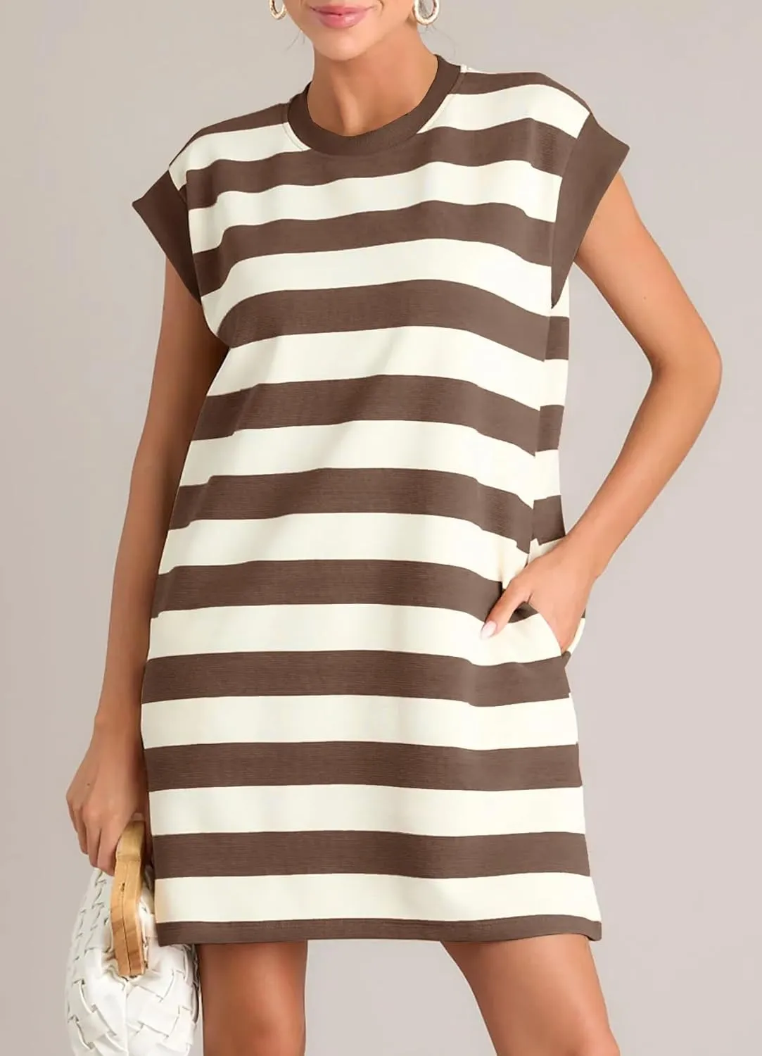 MITILLY Womens Striped Casual Summer Dresses Crewneck Cap Sleeve Color Block Shift Tshirt Short Dress with Pockets New