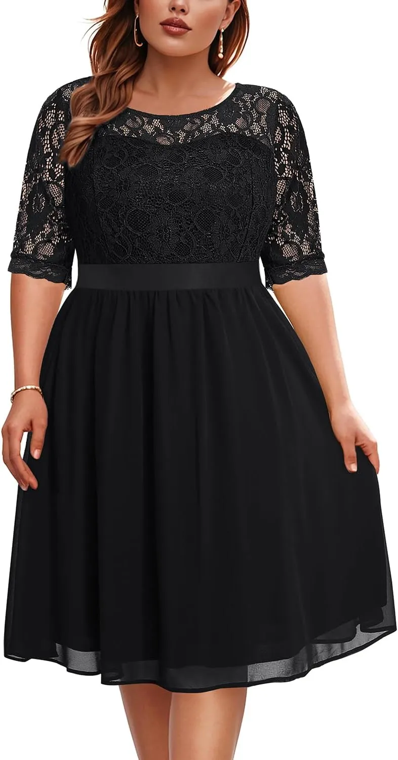 Pinup Fashion Plus Size Lace Chiffon Wedding Guest Dresses Women Cocktail Party Midi Dress