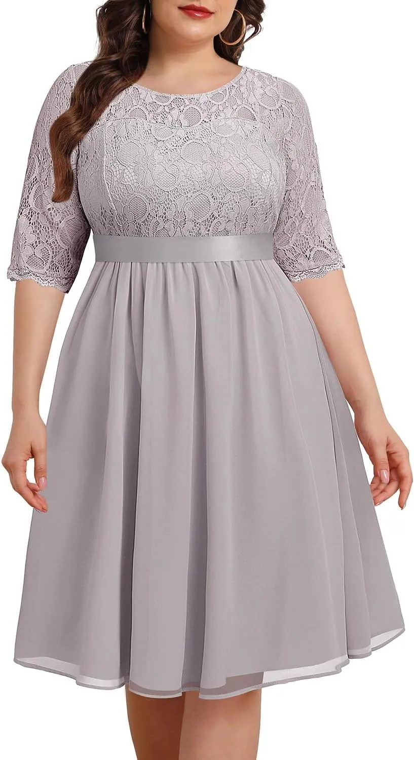 Pinup Fashion Plus Size Lace Chiffon Wedding Guest Dresses Women Cocktail Party Midi Dress