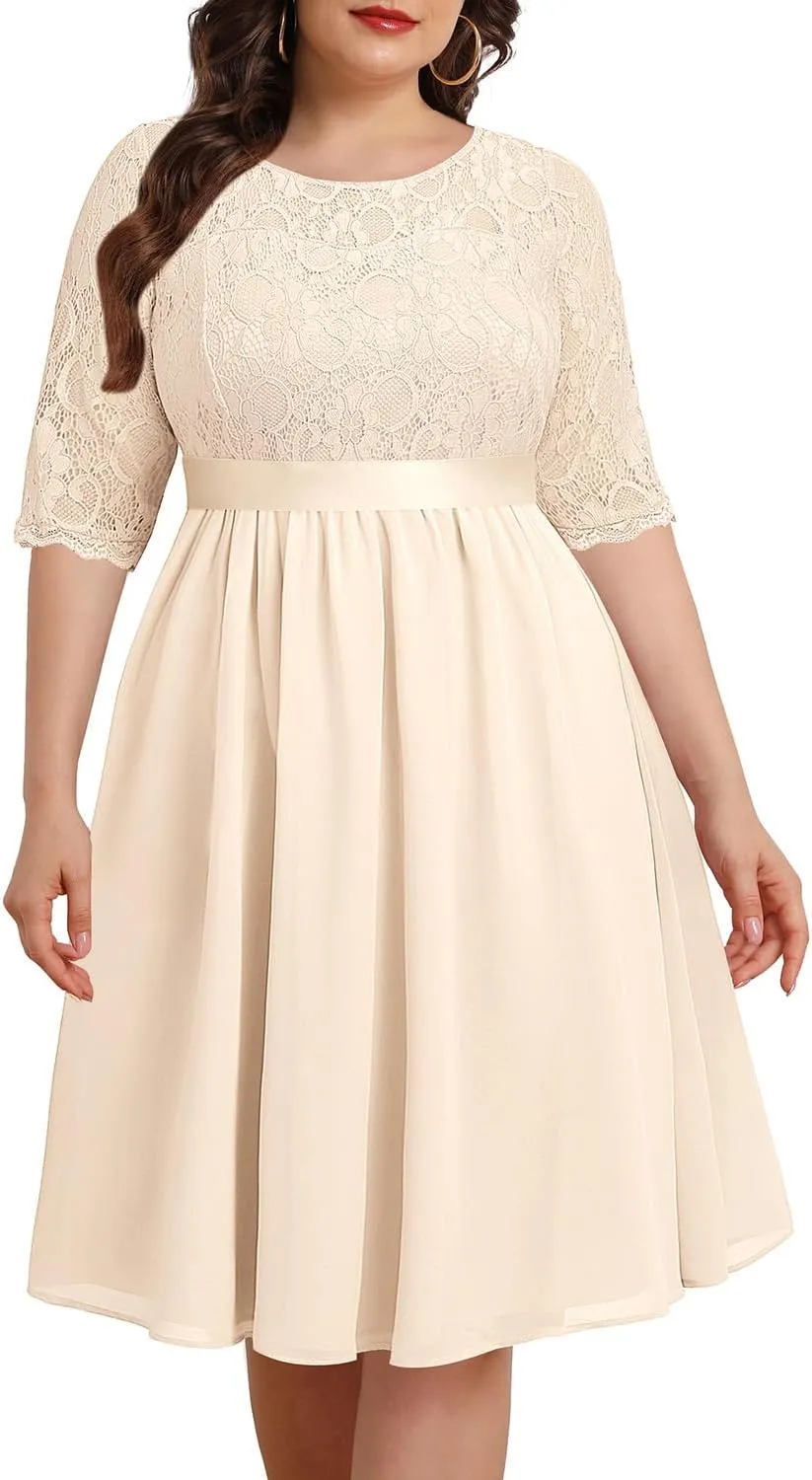 Pinup Fashion Plus Size Lace Chiffon Wedding Guest Dresses Women Cocktail Party Midi Dress