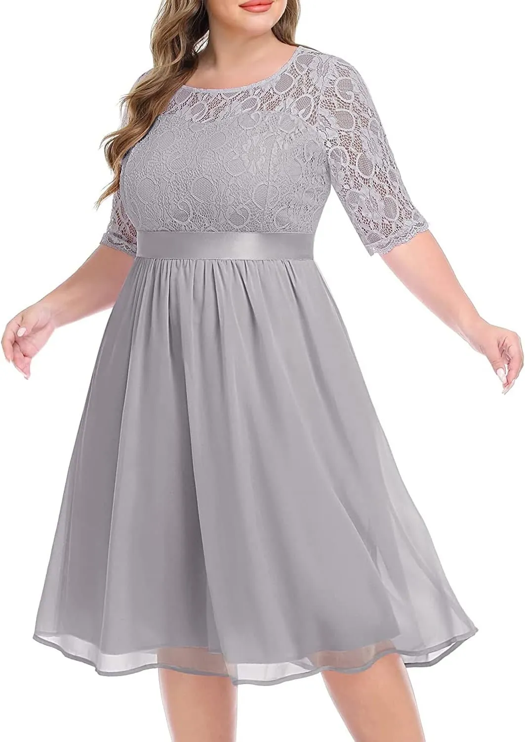 Pinup Fashion Plus Size Lace Chiffon Wedding Guest Dresses Women Cocktail Party Midi Dress