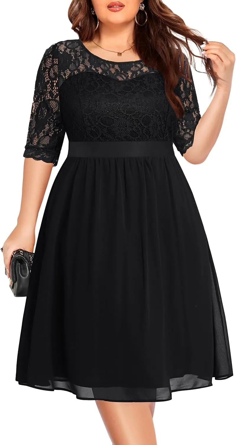 Pinup Fashion Plus Size Lace Chiffon Wedding Guest Dresses Women Cocktail Party Midi Dress