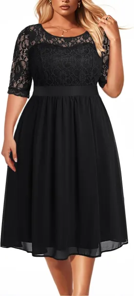 Pinup Fashion Plus Size Lace Chiffon Wedding Guest Dresses Women Cocktail Party Midi Dress