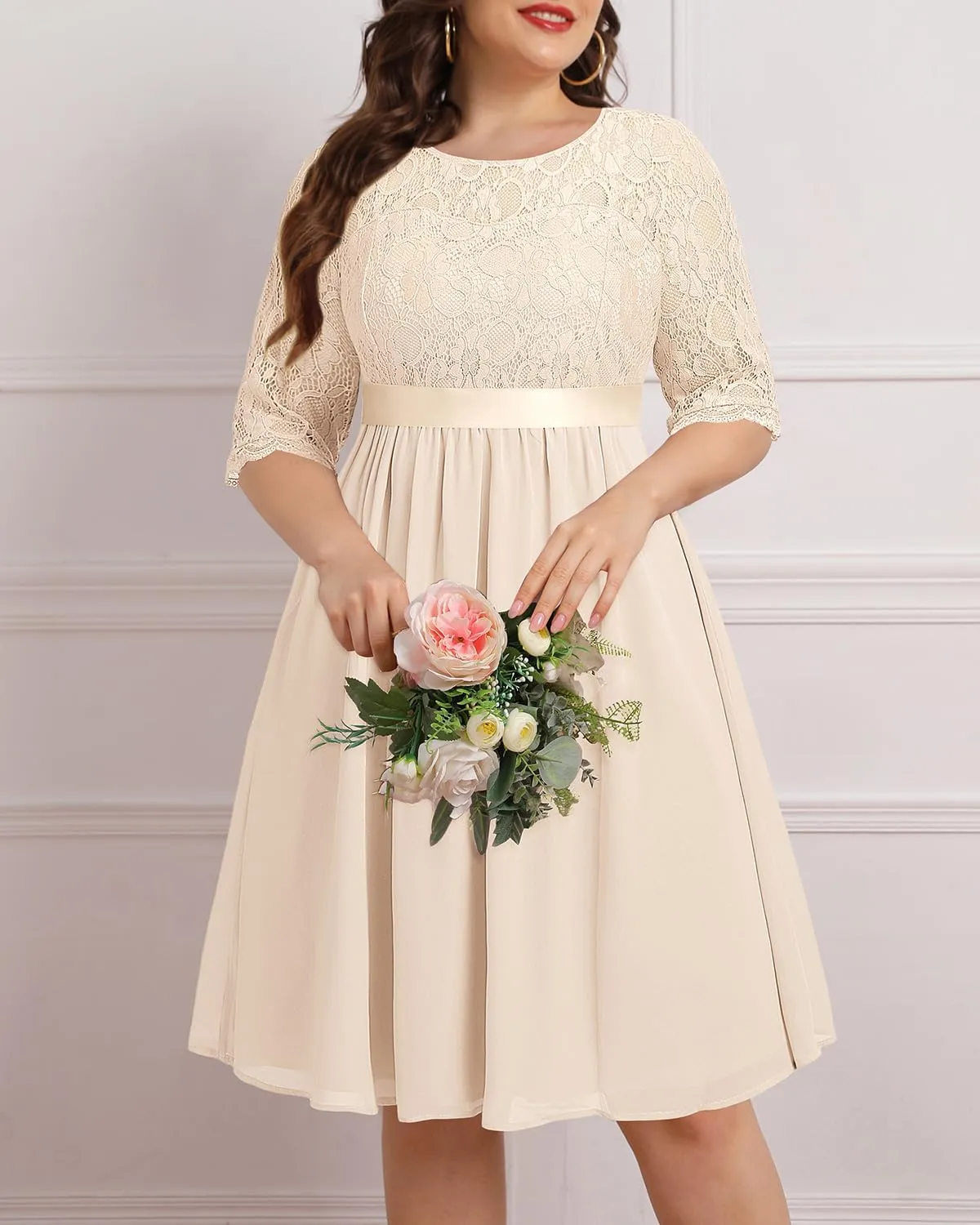 Pinup Fashion Plus Size Lace Chiffon Wedding Guest Dresses Women Cocktail Party Midi Dress