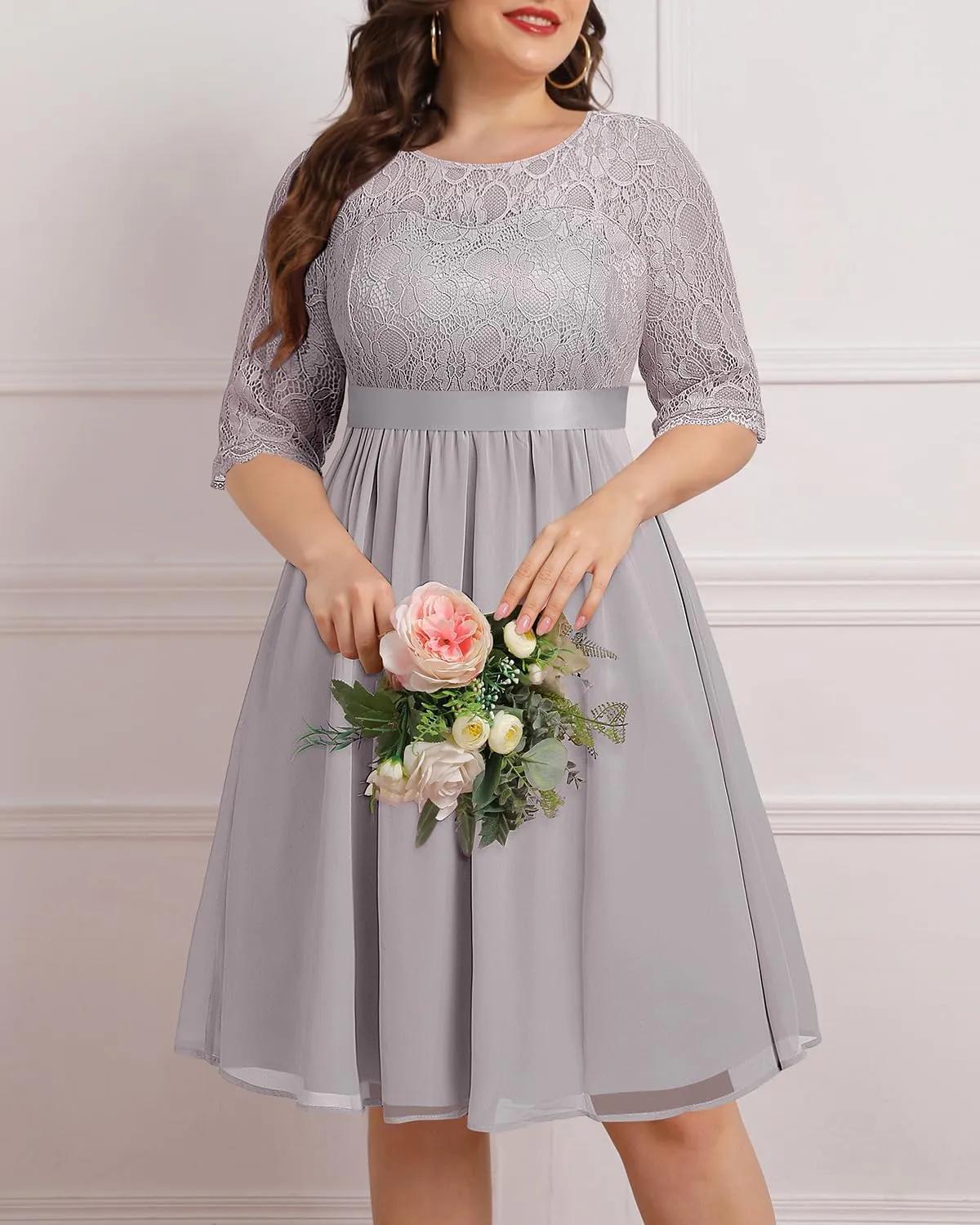 Pinup Fashion Plus Size Lace Chiffon Wedding Guest Dresses Women Cocktail Party Midi Dress