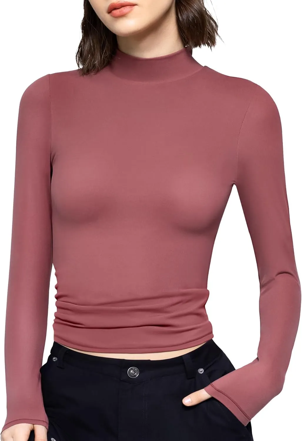 PUMIEY Women's Long Sleeve T Shirts Mock Turtleneck Slim Fit Tops Sexy Basic Tee Smoke Cloud Pro Collection