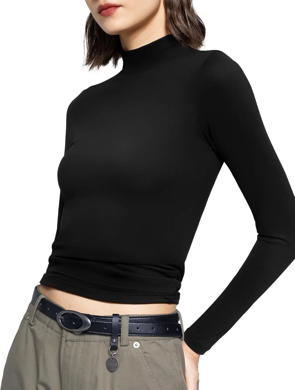 PUMIEY Women's Long Sleeve T Shirts Mock Turtleneck Slim Fit Tops Sexy Basic Tee Smoke Cloud Pro Collection