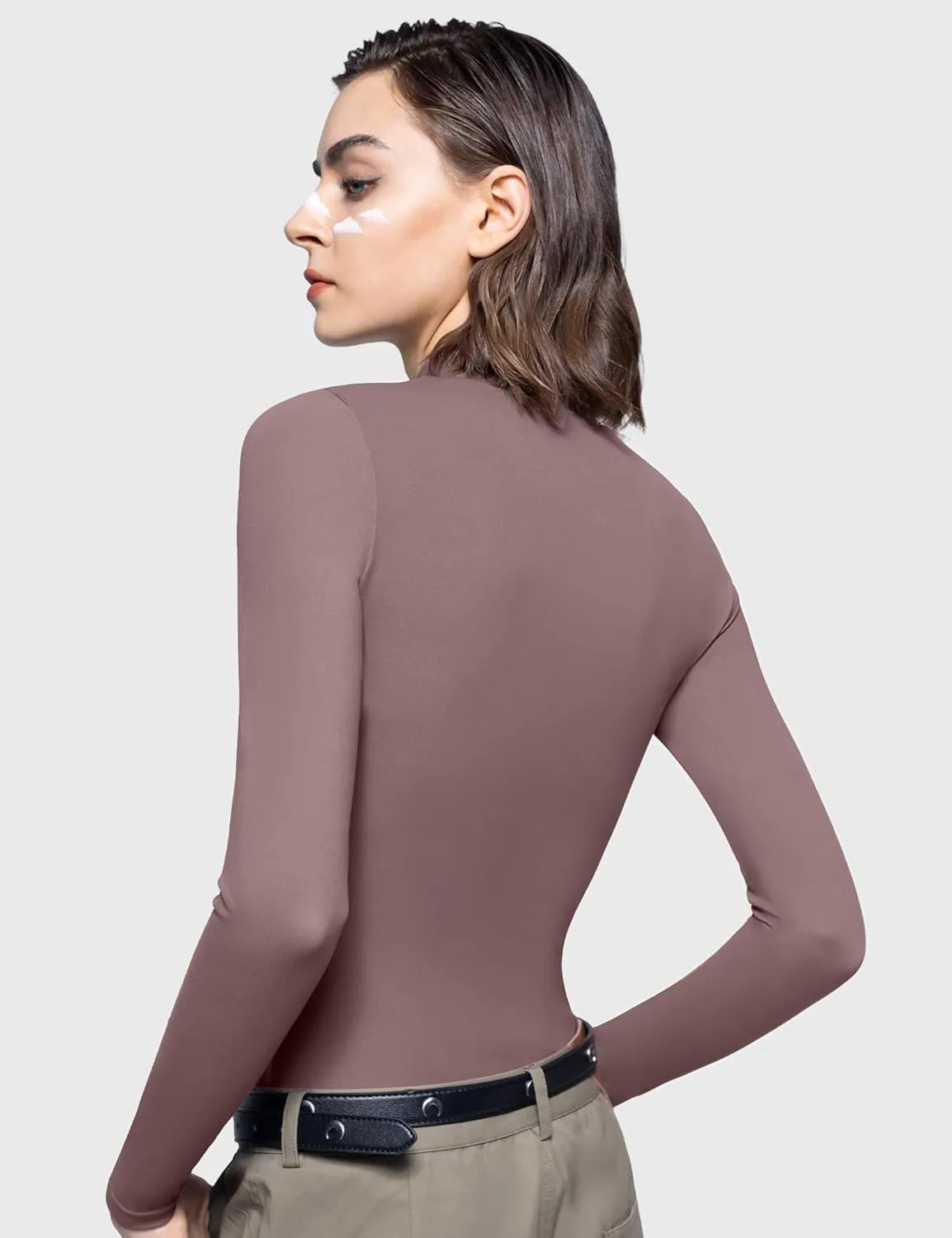 PUMIEY Women's Long Sleeve T Shirts Mock Turtleneck Slim Fit Tops Sexy Basic Tee Smoke Cloud Pro Collection