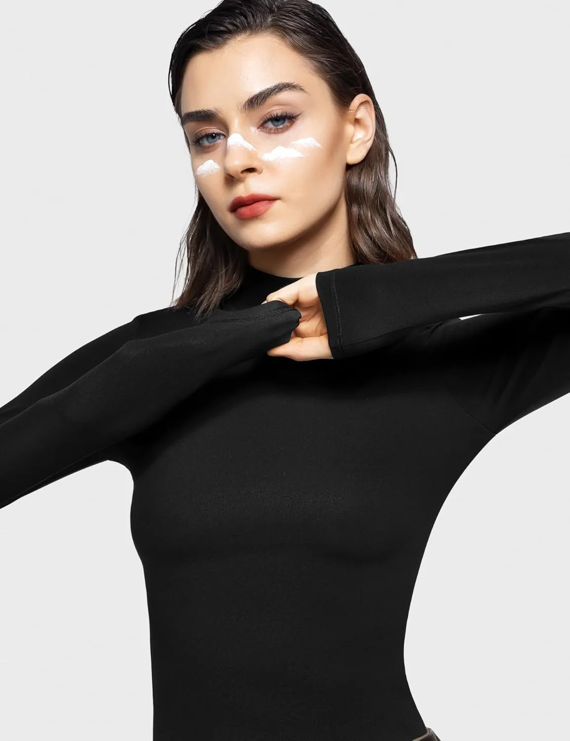 PUMIEY Women's Long Sleeve T Shirts Mock Turtleneck Slim Fit Tops Sexy Basic Tee Smoke Cloud Pro Collection