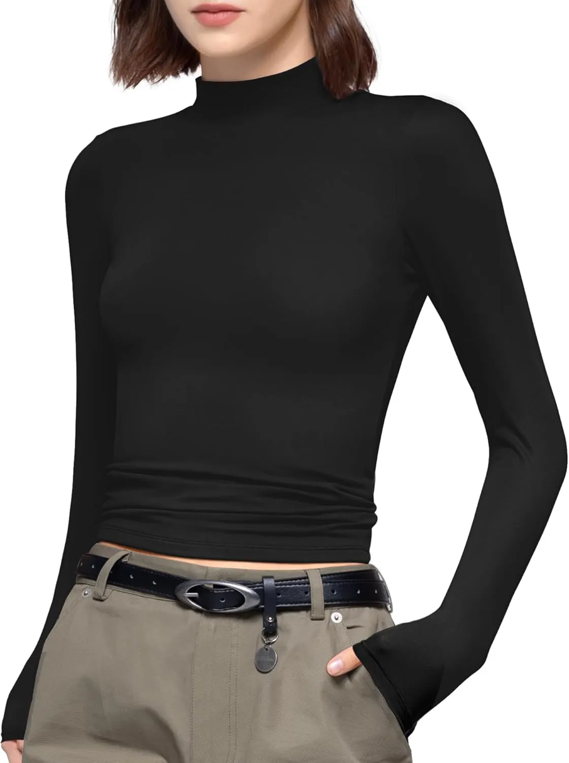 PUMIEY Women's Long Sleeve T Shirts Mock Turtleneck Slim Fit Tops Sexy Basic Tee Smoke Cloud Pro Collection