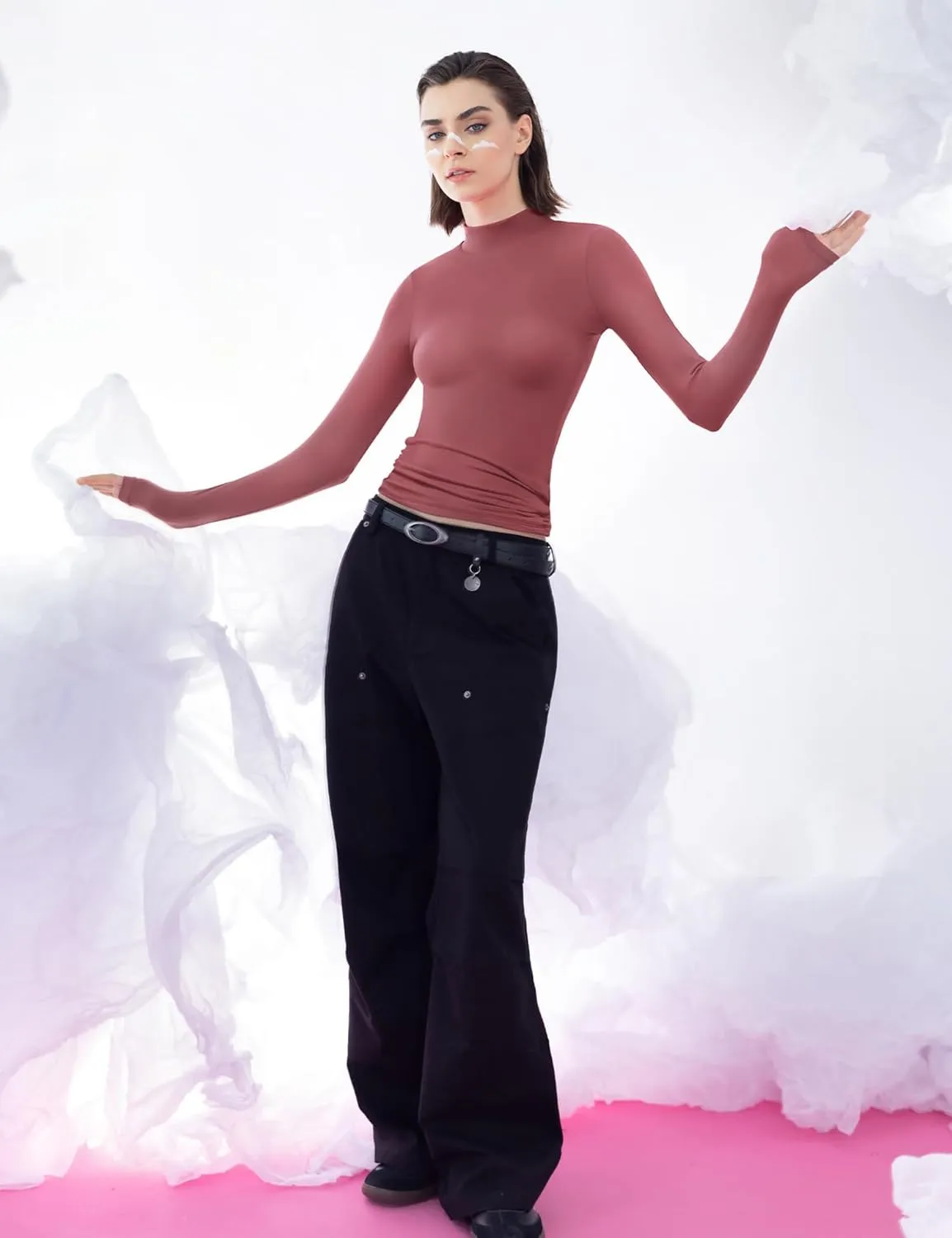 PUMIEY Women's Long Sleeve T Shirts Mock Turtleneck Slim Fit Tops Sexy Basic Tee Smoke Cloud Pro Collection