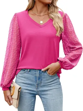 Sherosa Women's Blouses Dressy Casual V Neck Swiss Dot Puff Long Sleeve Shirts Loose Casual Tops
