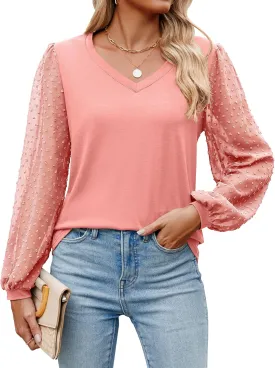 Sherosa Women's Blouses Dressy Casual V Neck Swiss Dot Puff Long Sleeve Shirts Loose Casual Tops