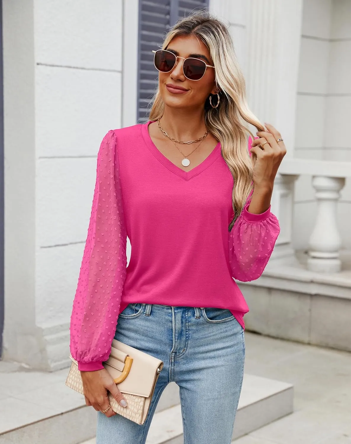 Sherosa Women's Blouses Dressy Casual V Neck Swiss Dot Puff Long Sleeve Shirts Loose Casual Tops