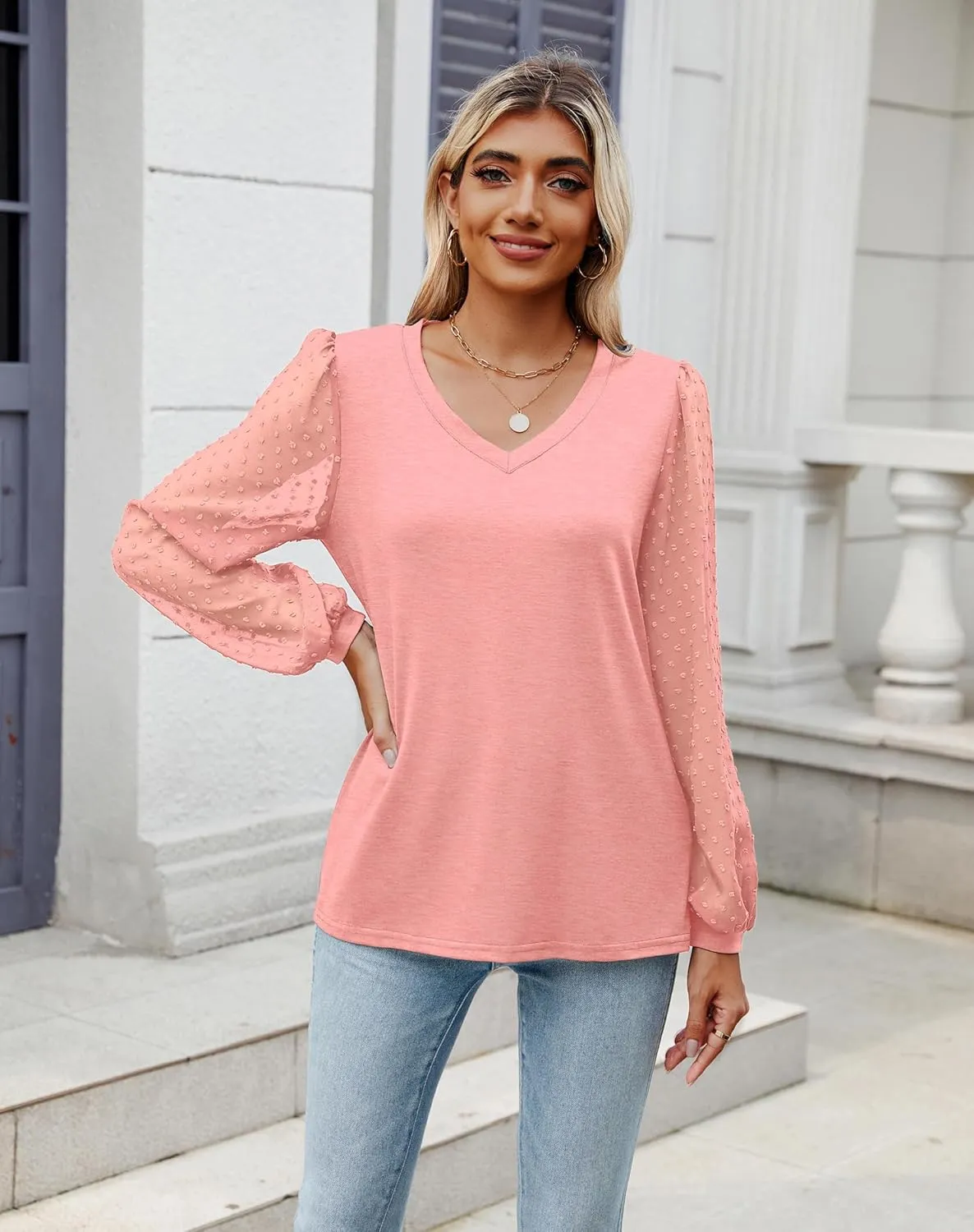 Sherosa Women's Blouses Dressy Casual V Neck Swiss Dot Puff Long Sleeve Shirts Loose Casual Tops