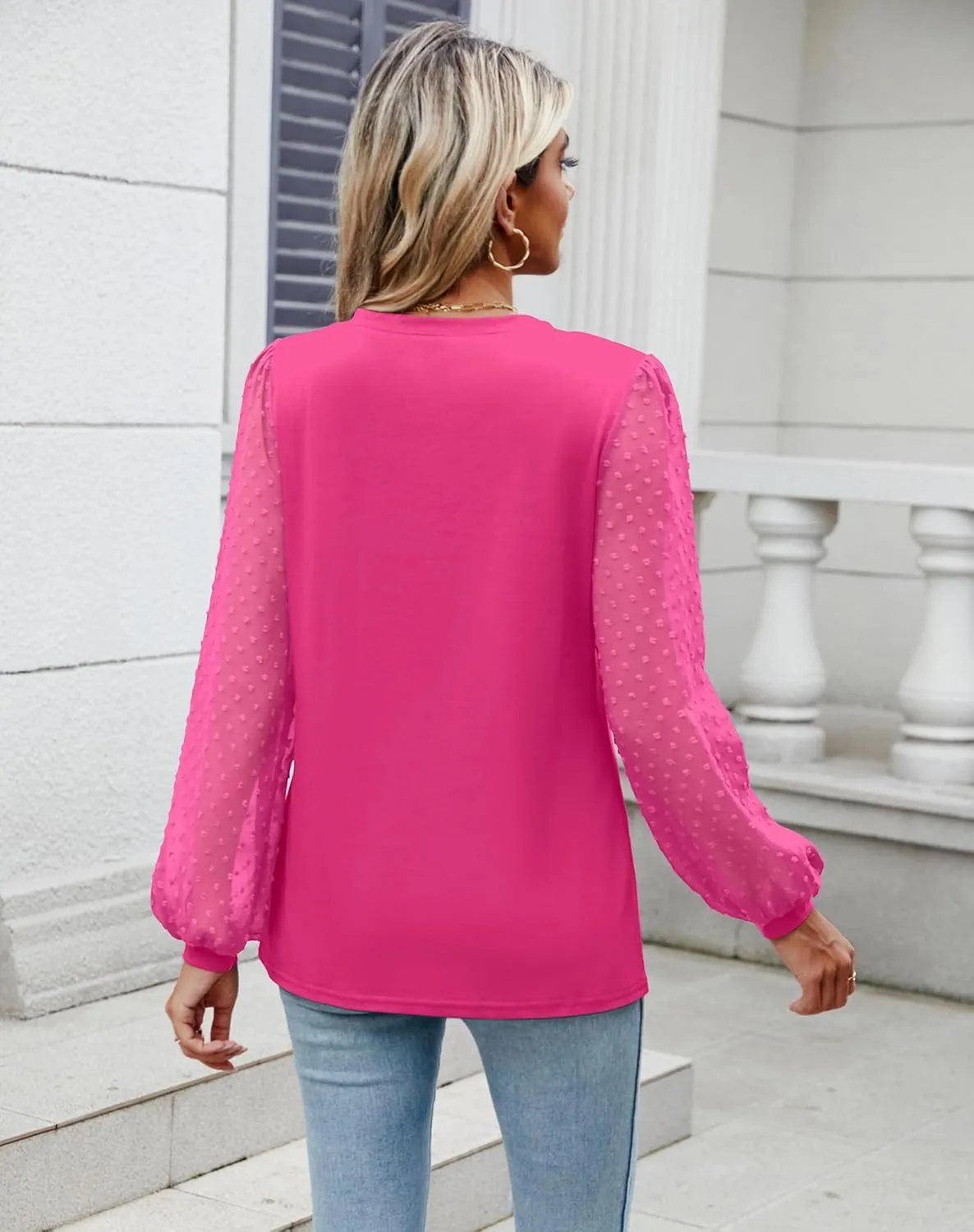 Sherosa Women's Blouses Dressy Casual V Neck Swiss Dot Puff Long Sleeve Shirts Loose Casual Tops