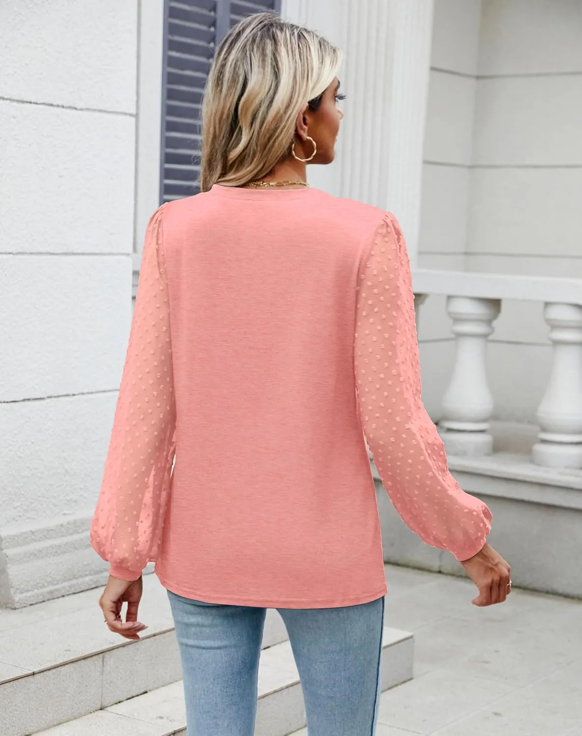 Sherosa Women's Blouses Dressy Casual V Neck Swiss Dot Puff Long Sleeve Shirts Loose Casual Tops