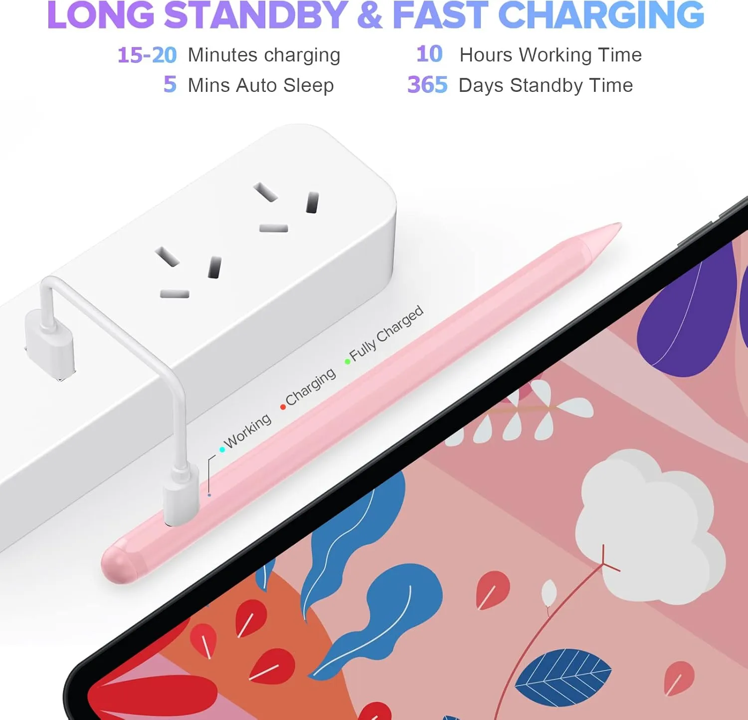 Stylus Pen for iPad 9th&10th Generation-2X Fast Charge Active Pencil Compatible with 2018-2023 Apple iPad Pro11&12.9 inch, iPad Air 3/4/5,iPad 6-10, iPad mini 5/6 Gen-Pink