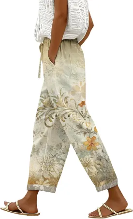 Wide Leg Pants for Women Summer Casual Floral Linen Pants Elastic Waist Drawstring Trousers with Pockets