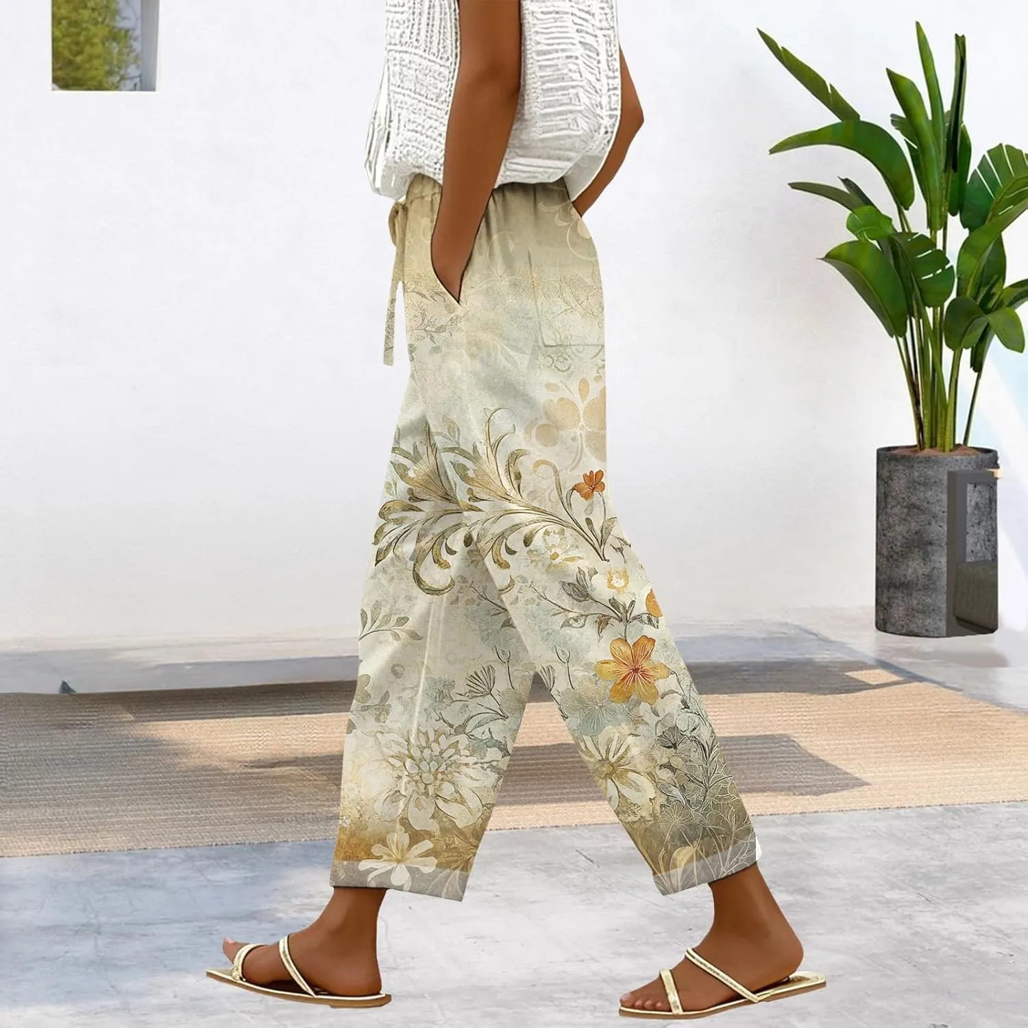 Wide Leg Pants for Women Summer Casual Floral Linen Pants Elastic Waist Drawstring Trousers with Pockets