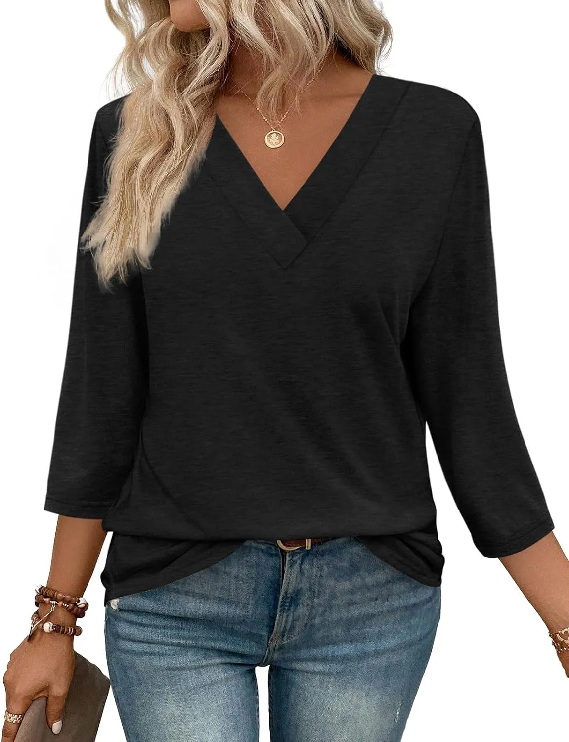 WIHOLL 3/4 Length Sleeve Womens Tops V Neck Casual Tunic Tops Basic Shirts Loose Fit Blouse