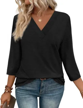 WIHOLL 3/4 Length Sleeve Womens Tops V Neck Casual Tunic Tops Basic Shirts Loose Fit Blouse