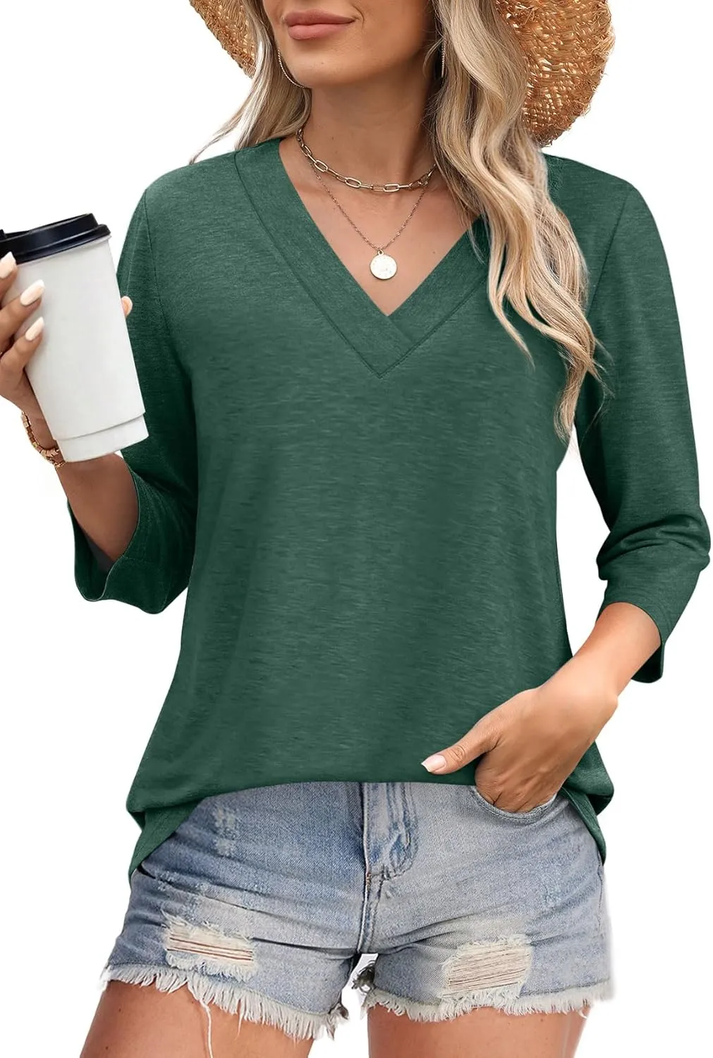 WIHOLL 3/4 Length Sleeve Womens Tops V Neck Casual Tunic Tops Basic Shirts Loose Fit Blouse