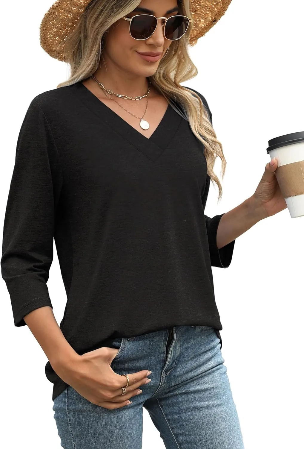 WIHOLL 3/4 Length Sleeve Womens Tops V Neck Casual Tunic Tops Basic Shirts Loose Fit Blouse