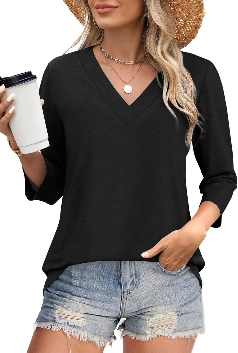WIHOLL 3/4 Length Sleeve Womens Tops V Neck Casual Tunic Tops Basic Shirts Loose Fit Blouse