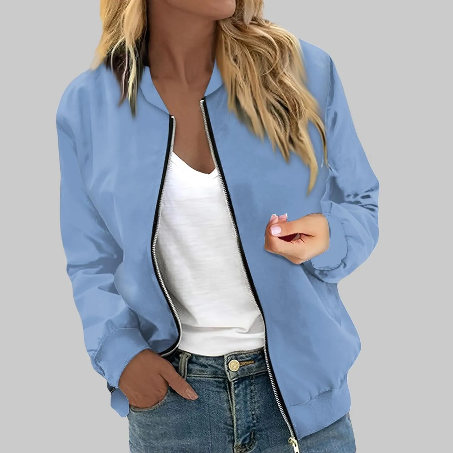 Women's Bomber Jacket Casual Coat Zip Up Outerwear Windbreaker with Pockets