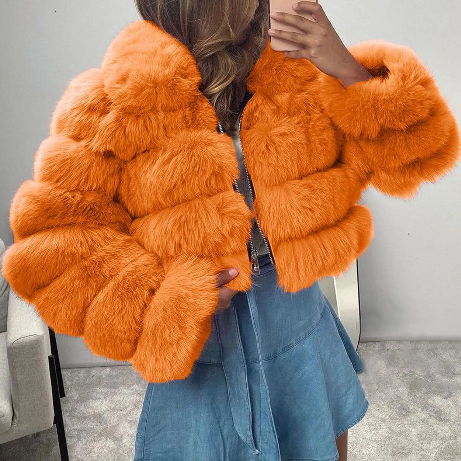 Women's Faux Fur Jacket Casual Fashion Cropped Coat Fluffy Shaggy Solid Outerwear Winter Warm Hooded Cardigan